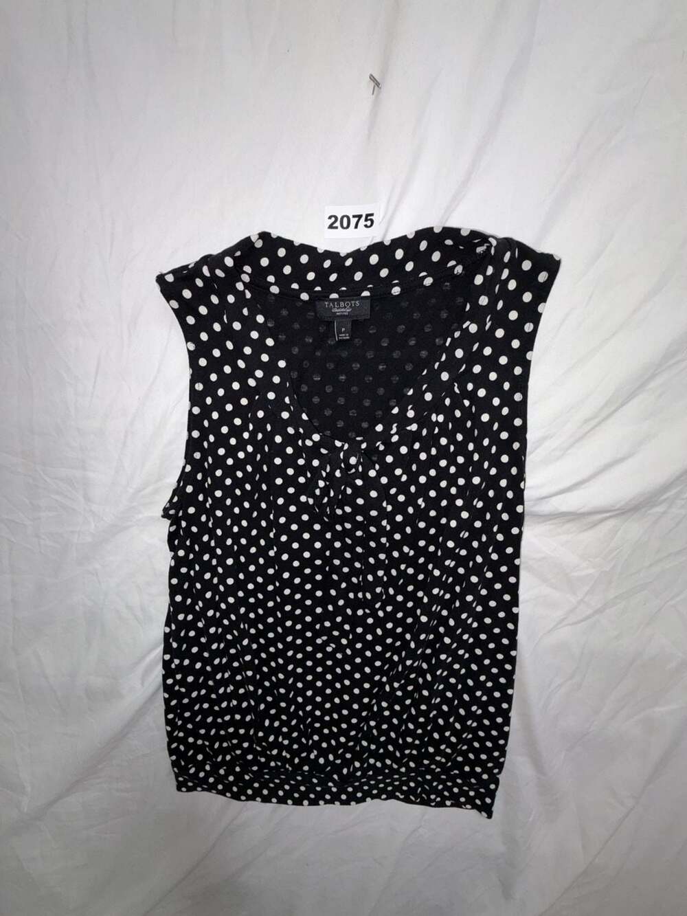 Talbots Sleeveless Blouse Size P Black White Polka Dot Tie Neck Top